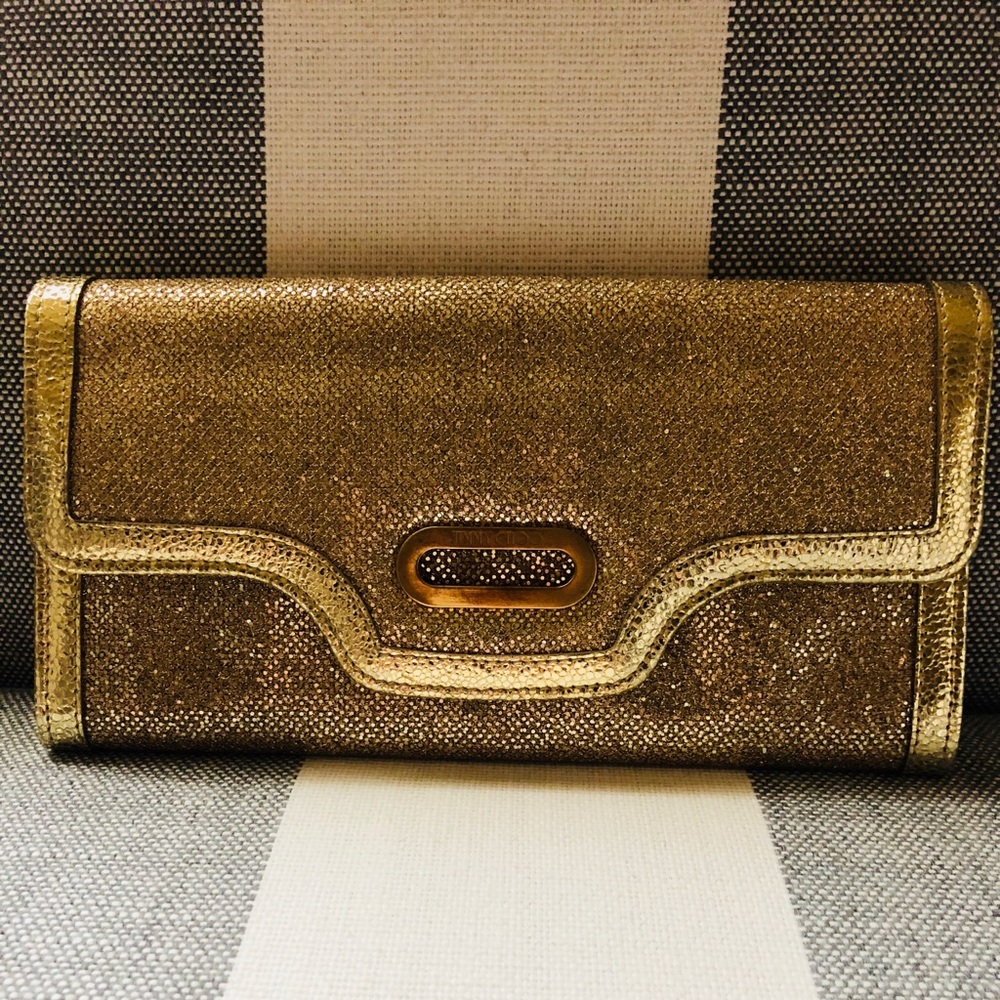 Authentic- Jimmy Choo Gold Croc-Embossed Clutch